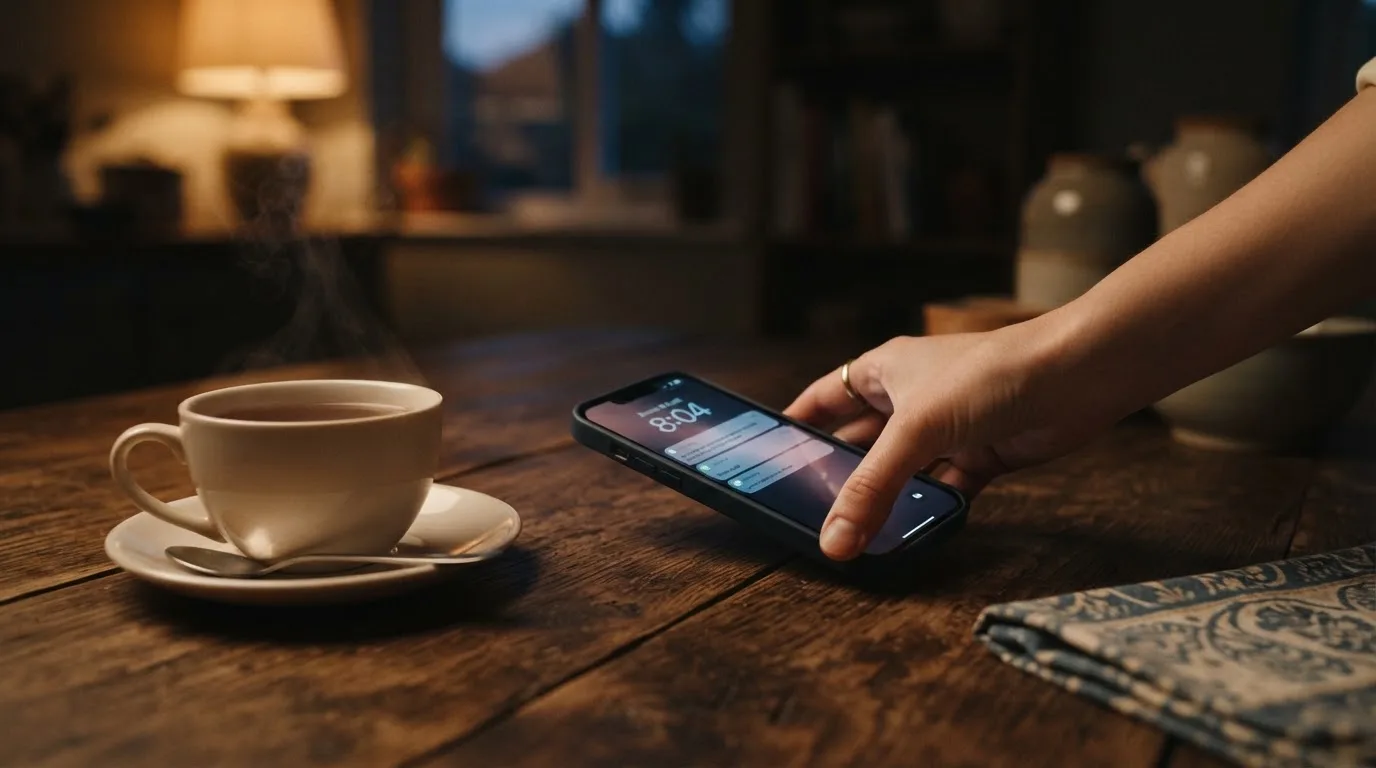 A hand setting a smartphone down beside a cup of tea on a kitchen table on a quiet evening