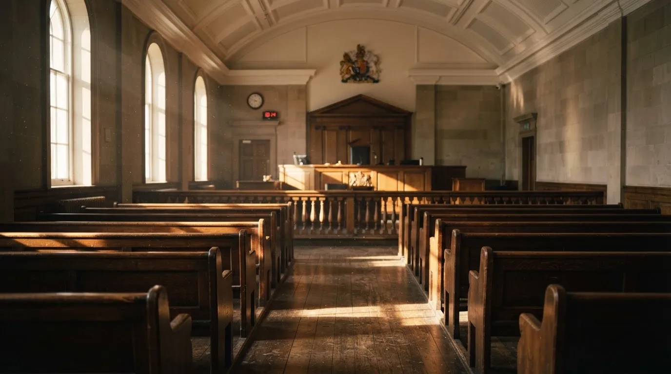 An empty courtroom with wooden benches in morning light