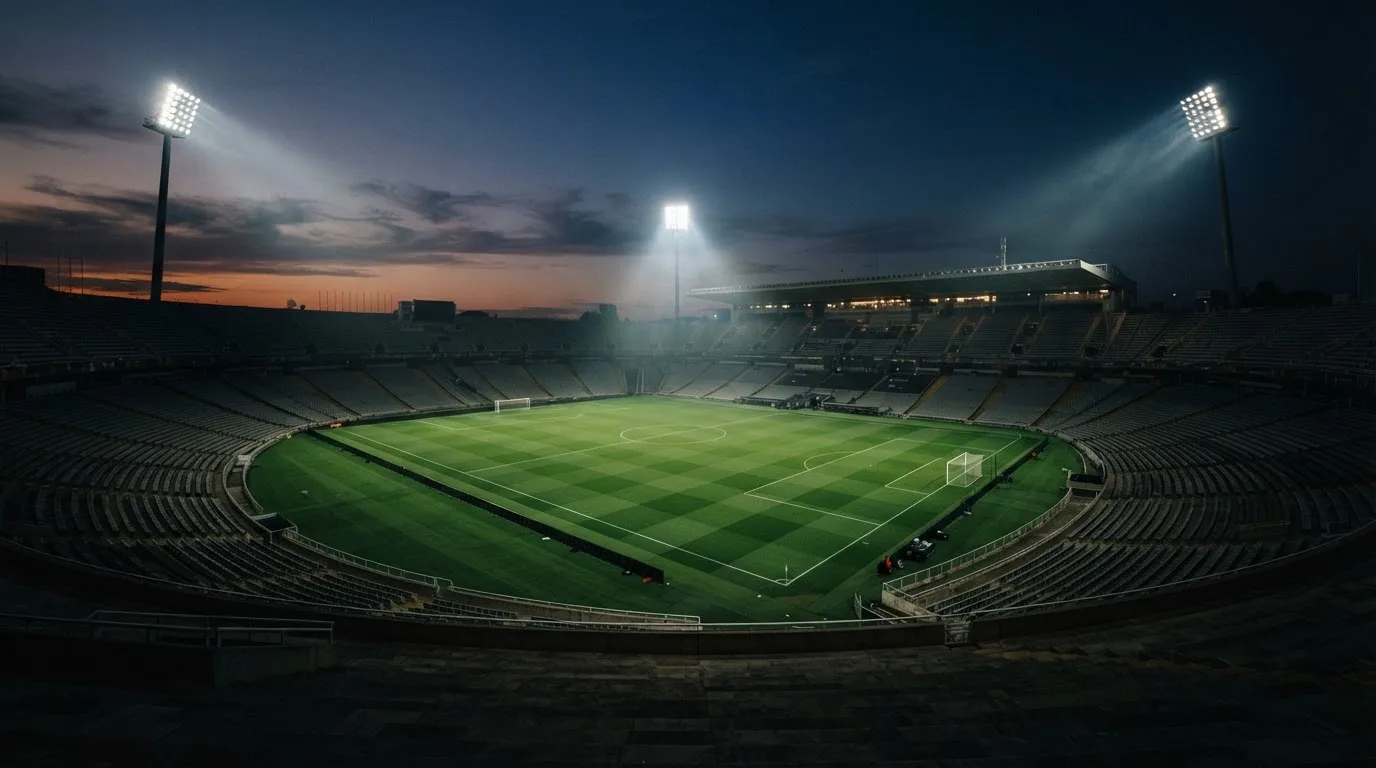 An empty football stadium with floodlight masts at dusk