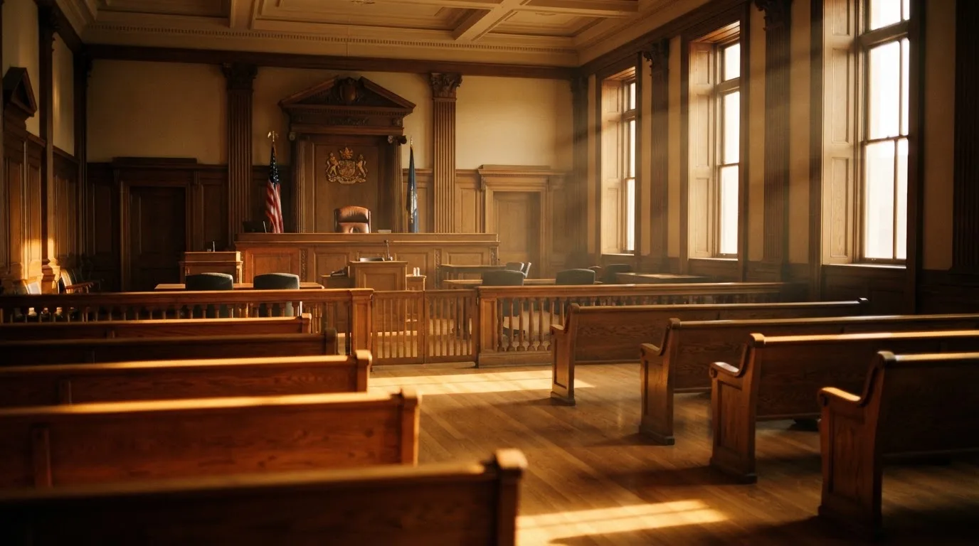 An empty courtroom with wooden benches in morning light