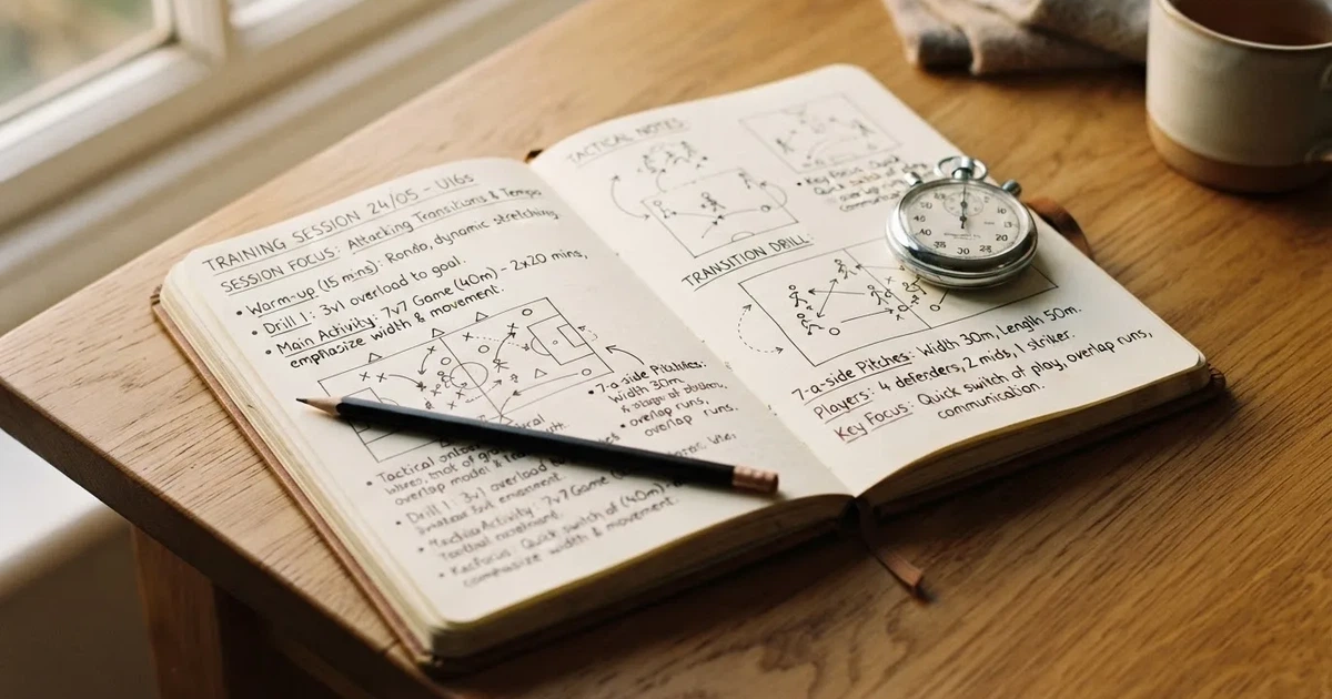 An open notebook with a pencil and a stopwatch on a wooden table
