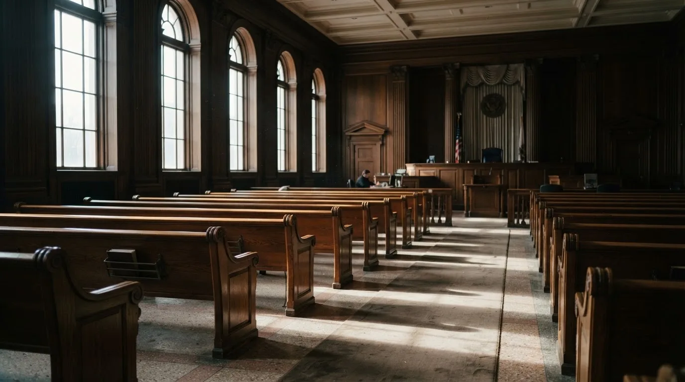 An empty courtroom with wooden benches in morning light