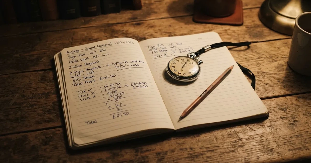 An open notebook with a pencil and a stopwatch on a wooden table