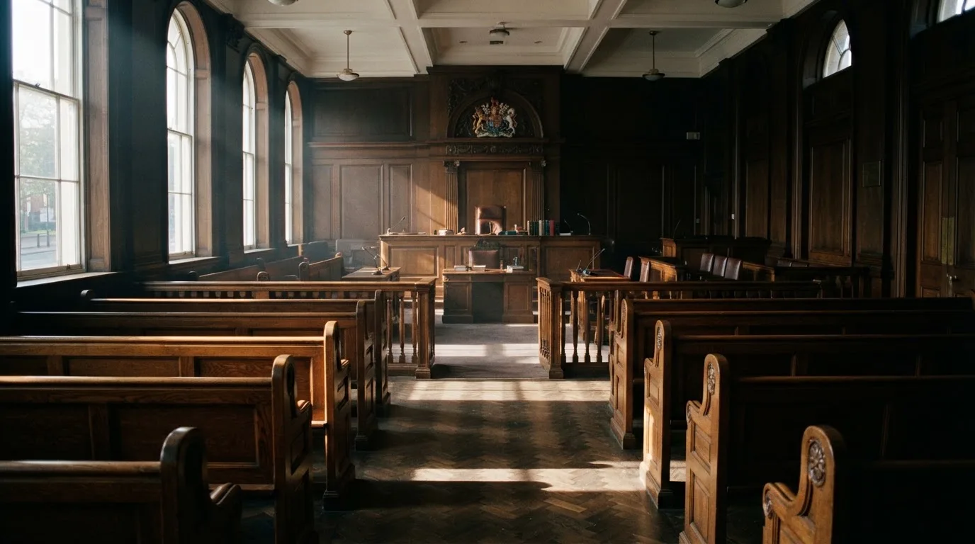 An empty courtroom with wooden benches in morning light