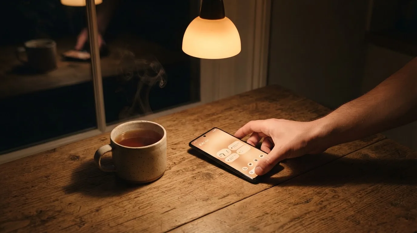 A hand setting a smartphone down beside a cup of tea on a kitchen table on a quiet evening