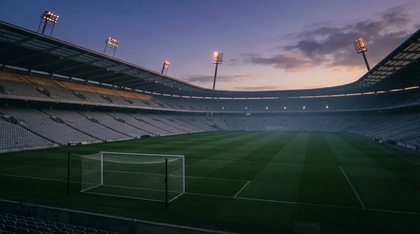 An empty football stadium with floodlight masts at dusk