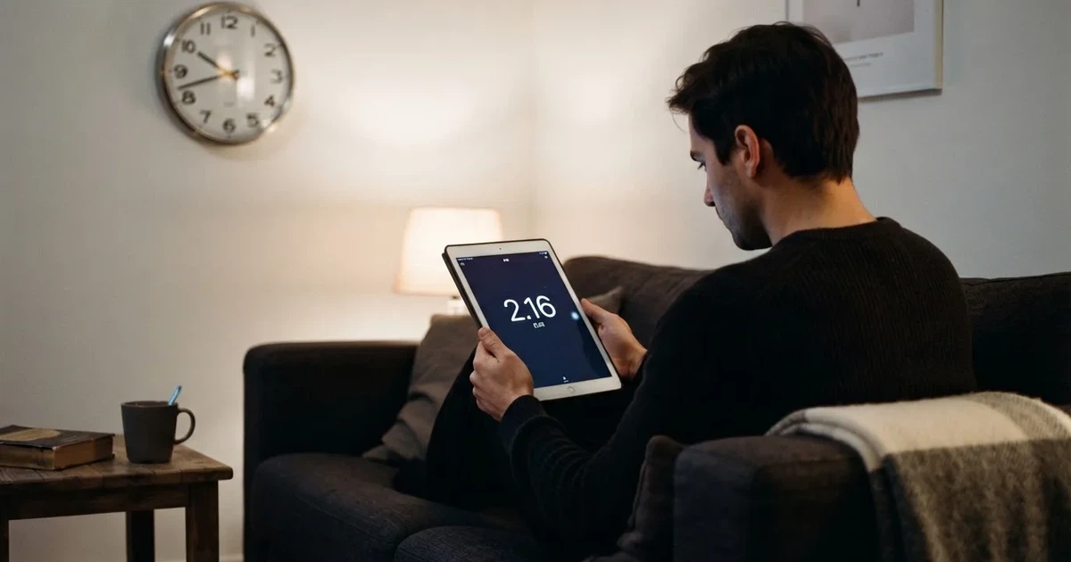 A person on a sofa looking thoughtfully at a tablet, a wall clock in the background