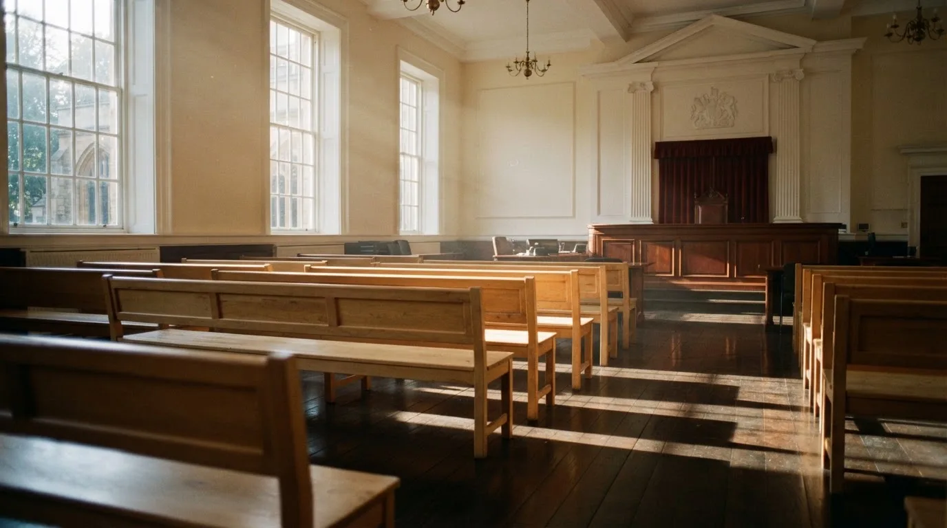 An empty courtroom with wooden benches in morning light
