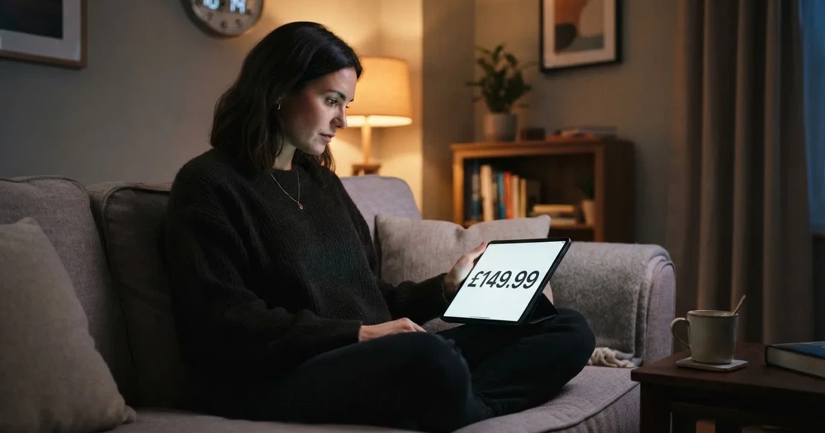 A person on a sofa looking thoughtfully at a tablet, a wall clock in the background