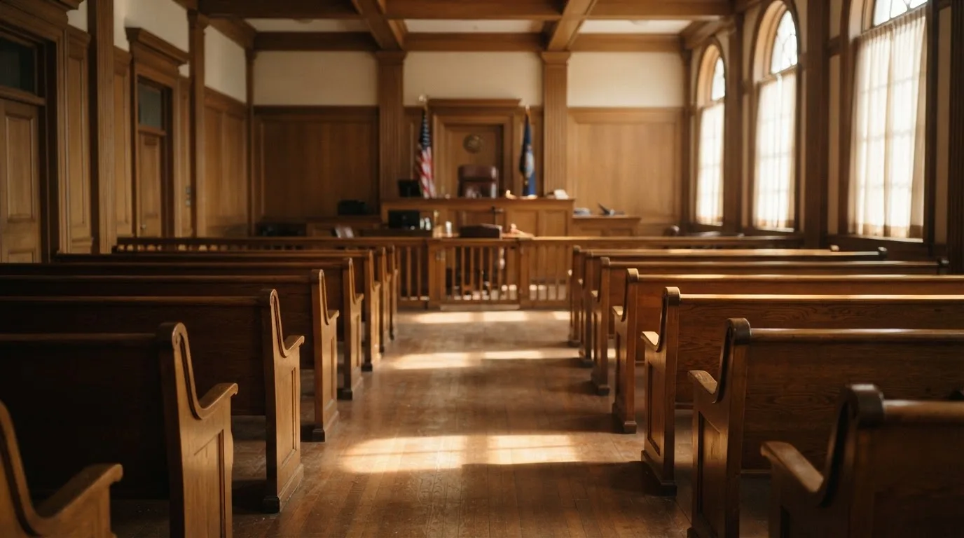 An empty courtroom with wooden benches in morning light