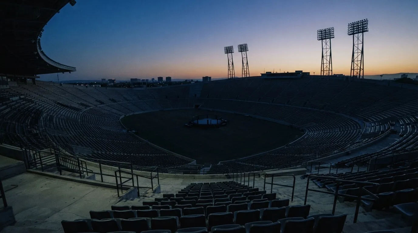 An empty football stadium with floodlight masts at dusk