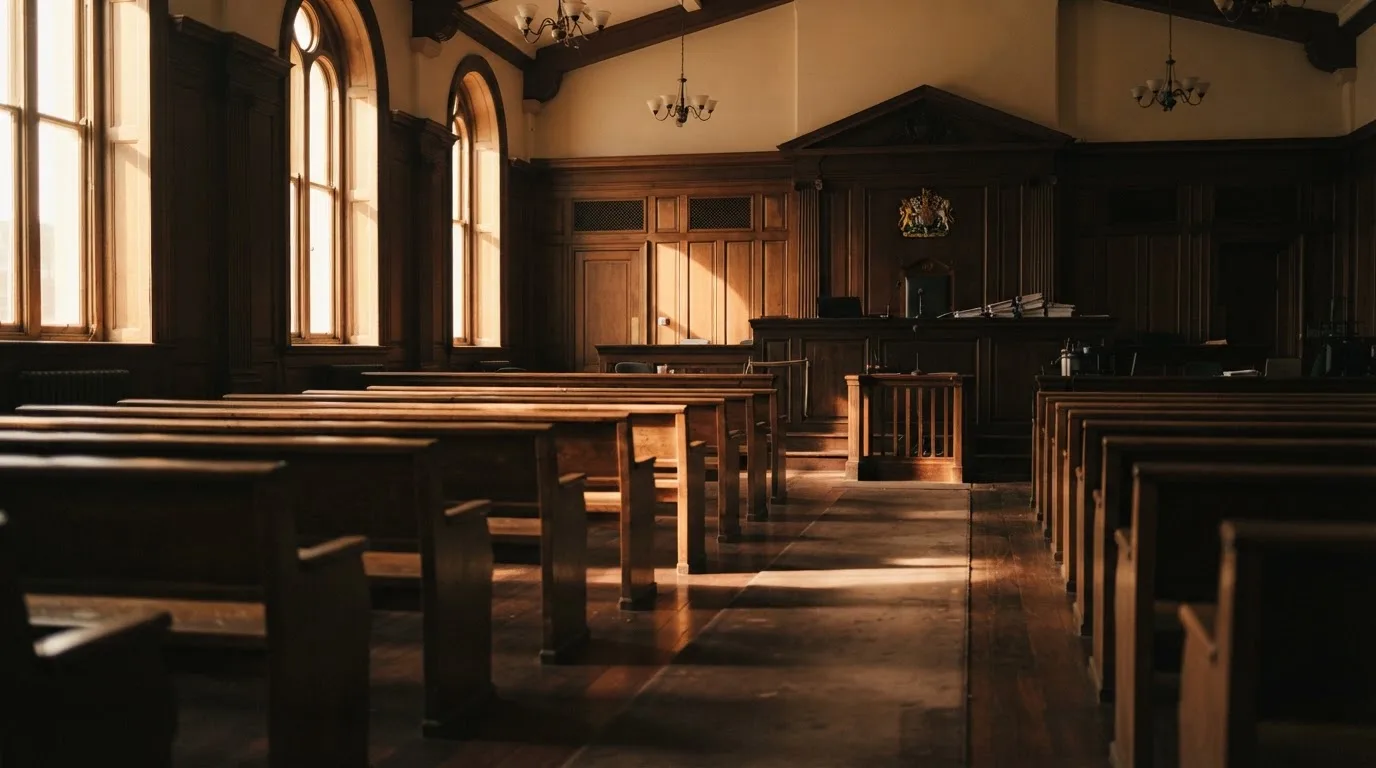 An empty courtroom with wooden benches in morning light