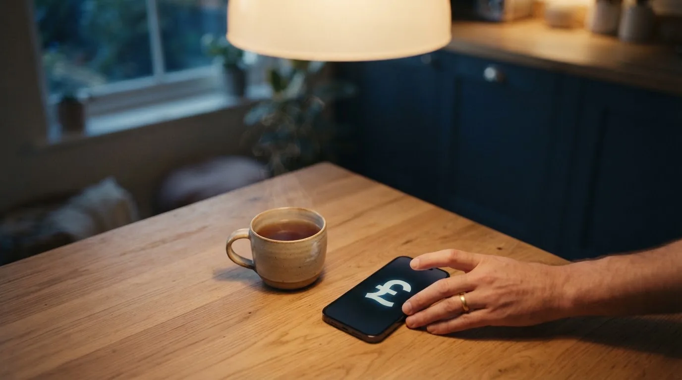 A hand setting a smartphone down beside a cup of tea on a kitchen table on a quiet evening