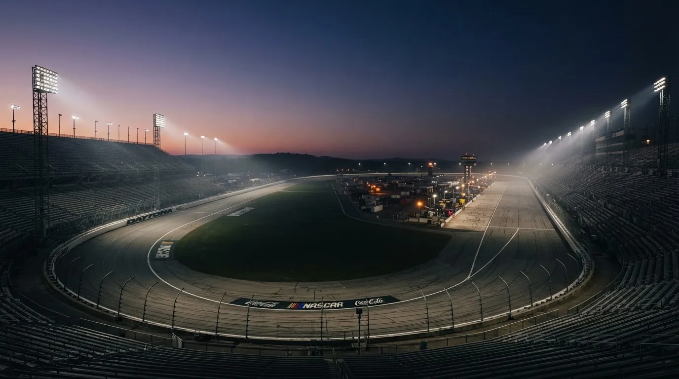 An empty football stadium with floodlight masts at dusk