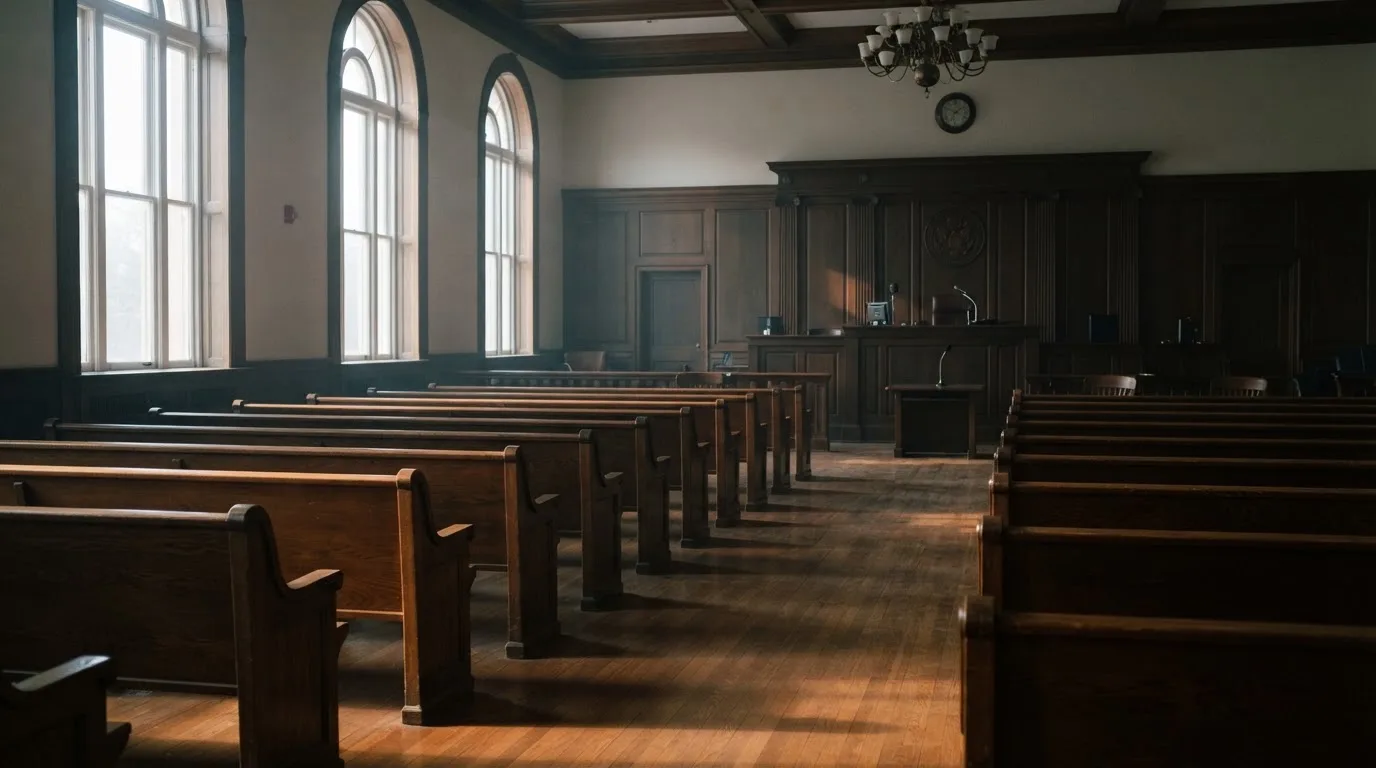 An empty courtroom with wooden benches in morning light