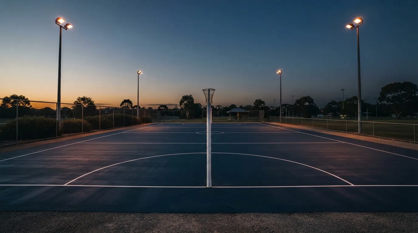 An empty football stadium with floodlight masts at dusk