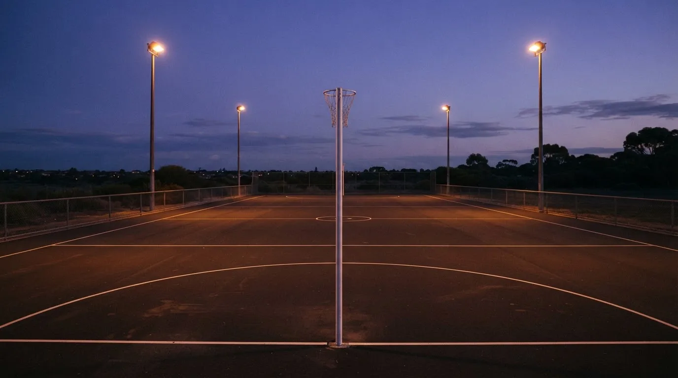 An empty football stadium with floodlight masts at dusk