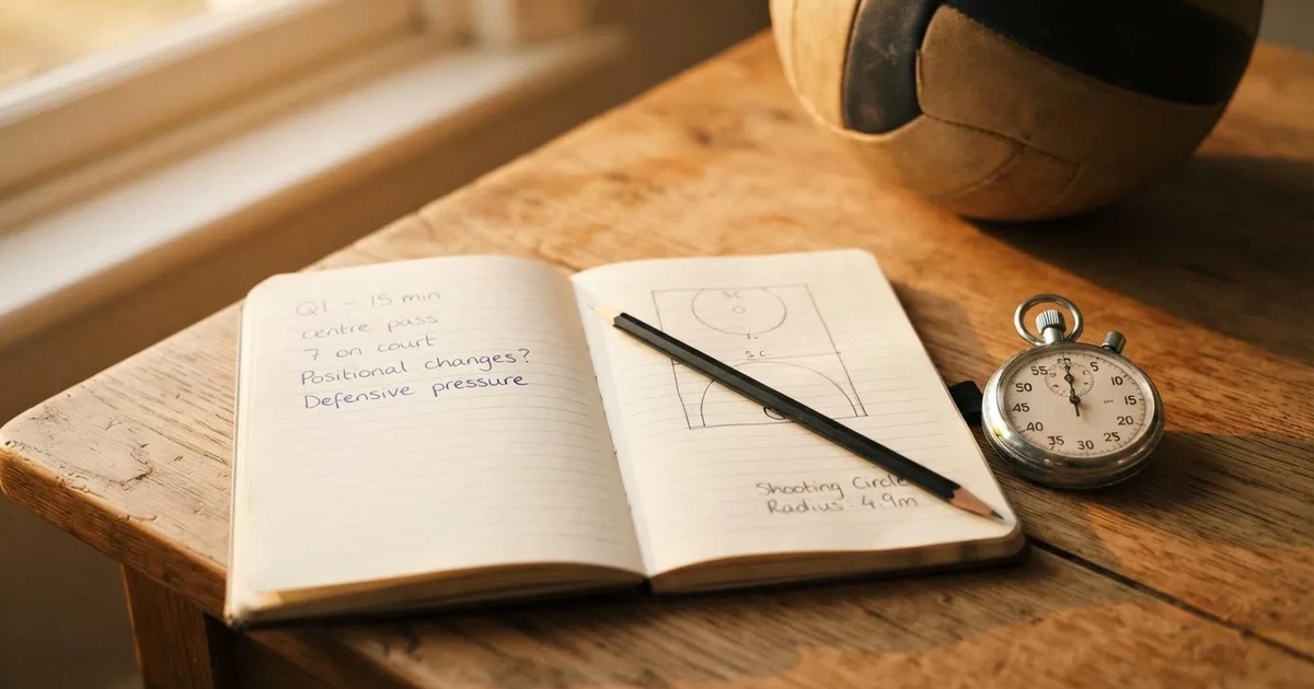 An open notebook with a pencil and a stopwatch on a wooden table