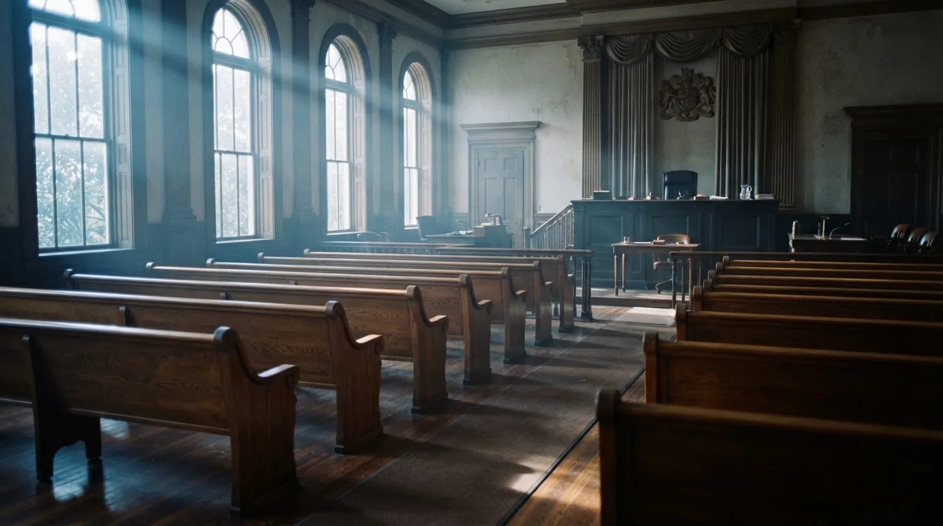 An empty courtroom with wooden benches in morning light