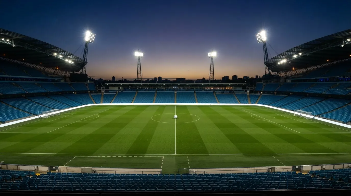 An empty football stadium with floodlight masts at dusk