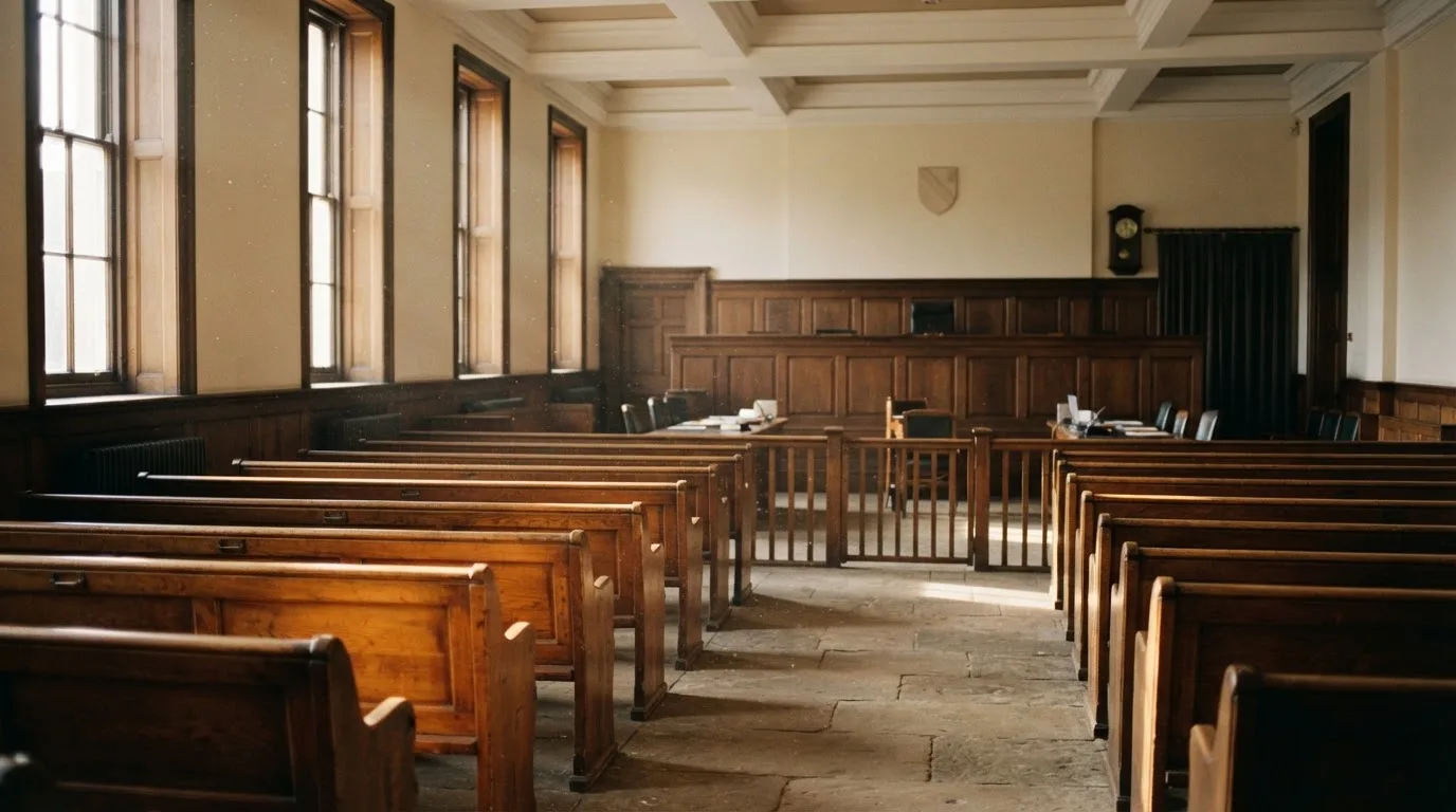 An empty courtroom with wooden benches in morning light