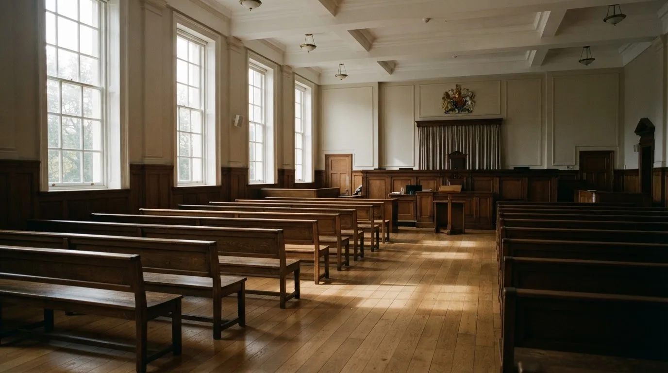An empty courtroom with wooden benches in morning light