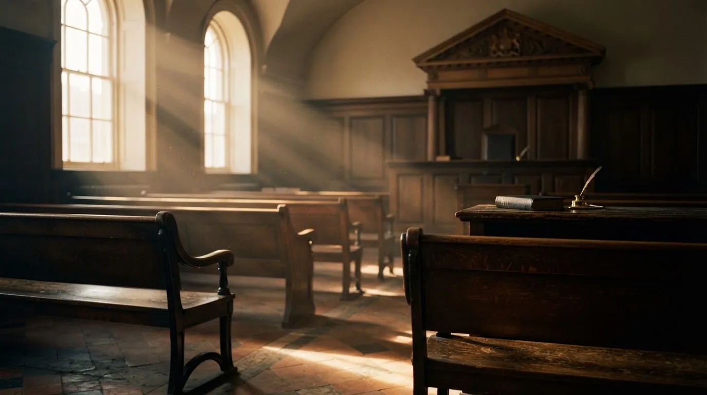 An empty courtroom with wooden benches in morning light