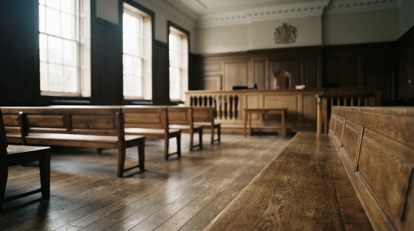 An empty courtroom with wooden benches in morning light