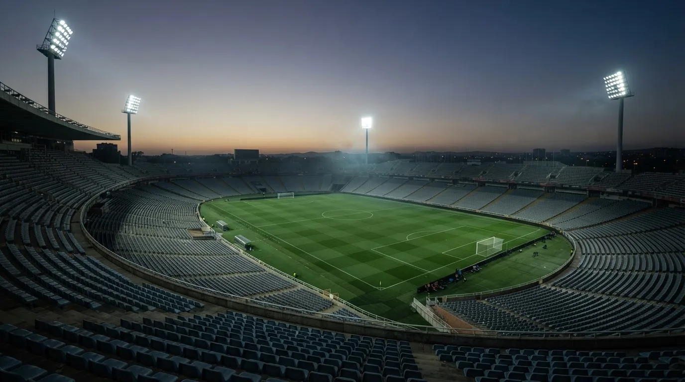 An empty football stadium with floodlight masts at dusk
