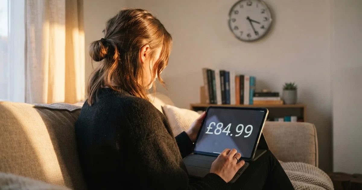 A person on a sofa looking thoughtfully at a tablet, a wall clock in the background