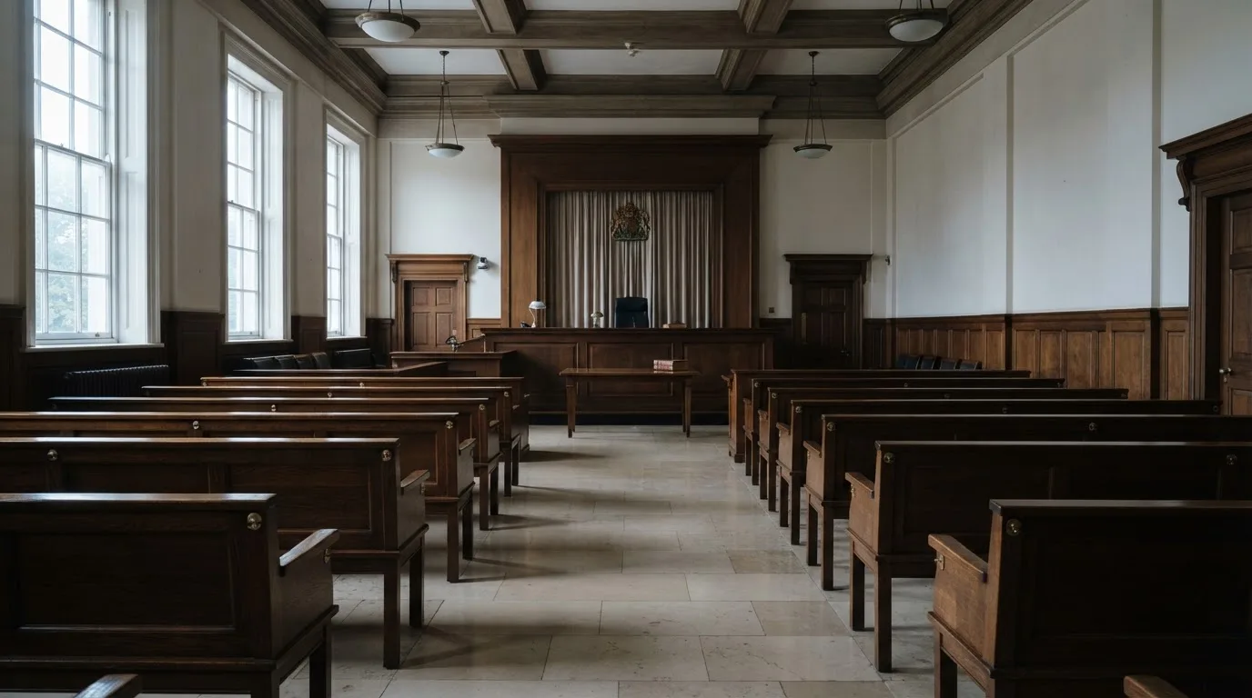 An empty courtroom with wooden benches in morning light