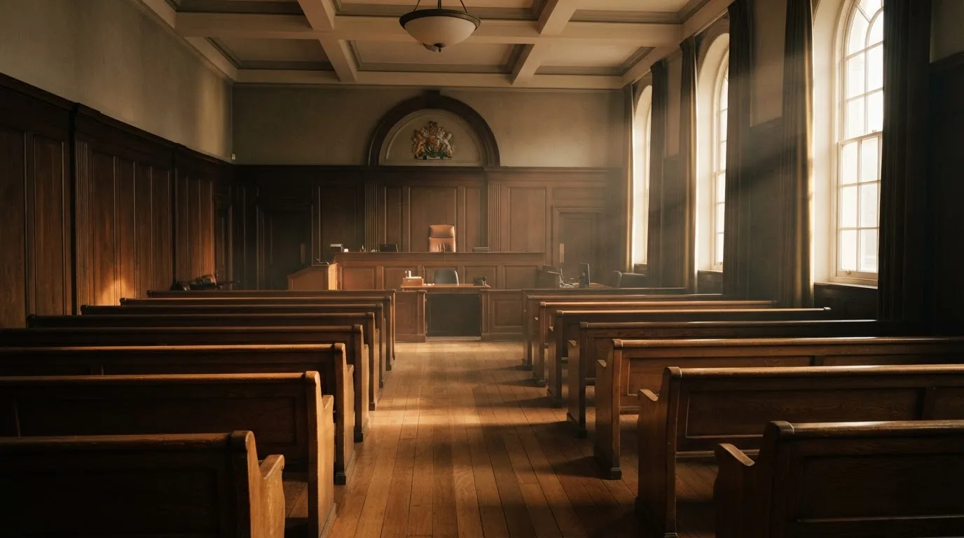 An empty courtroom with wooden benches in morning light