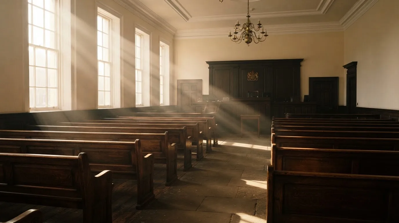 An empty courtroom with wooden benches in morning light