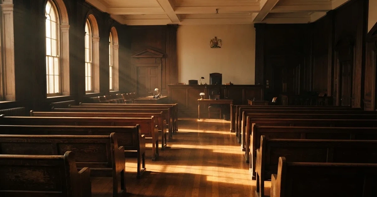 An empty courtroom with wooden benches in morning light
