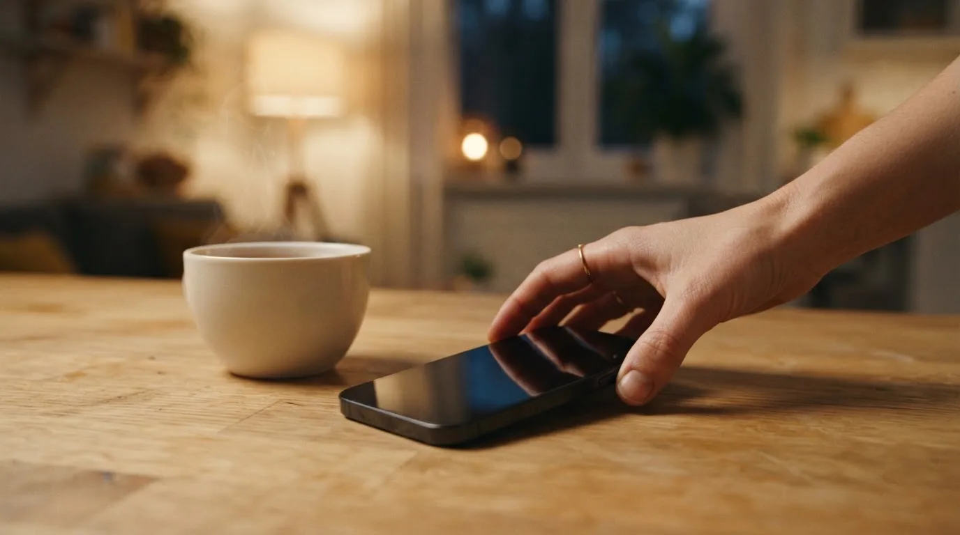 A hand setting a smartphone down beside a cup of tea on a kitchen table on a quiet evening