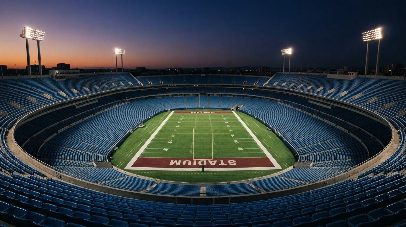 An empty football stadium with floodlight masts at dusk