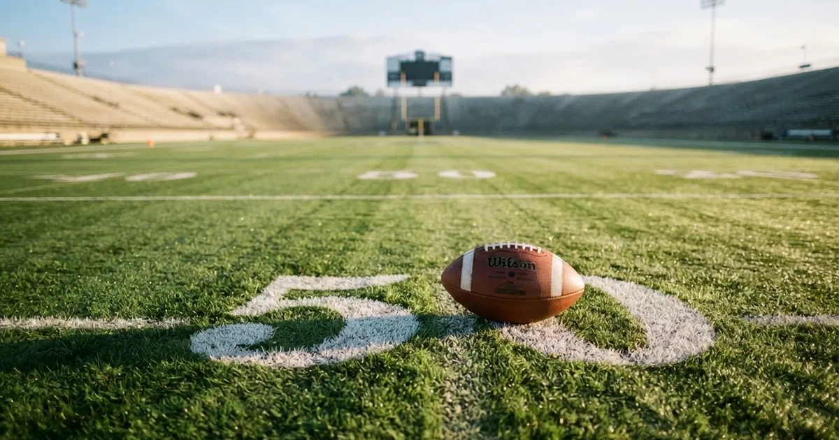 A ball on the centre spot of a grass pitch in morning light