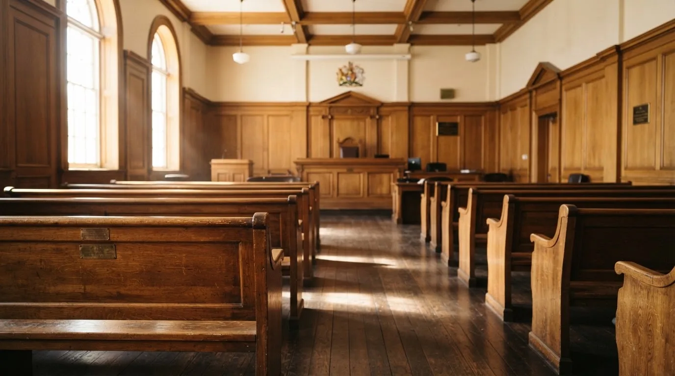 An empty courtroom with wooden benches in morning light