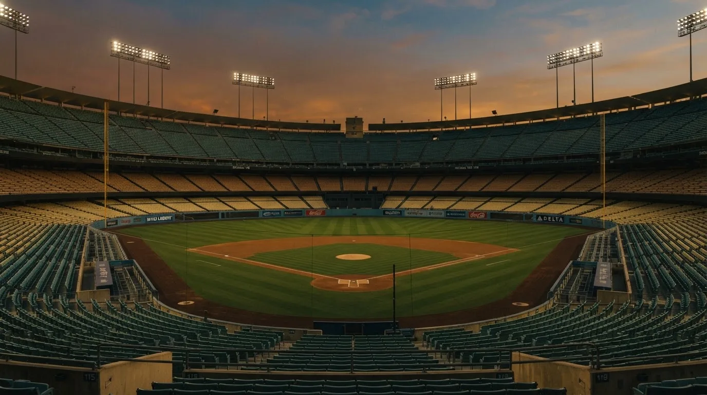 An empty football stadium with floodlight masts at dusk