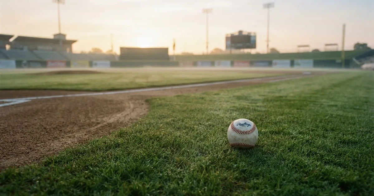 A ball on the centre spot of a grass pitch in morning light