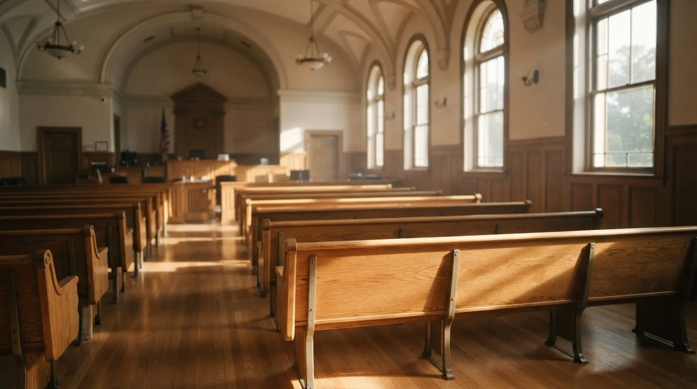An empty courtroom with wooden benches in morning light