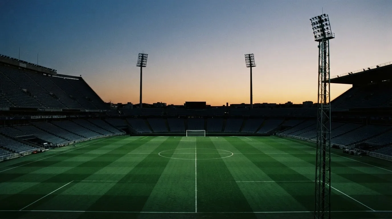 An empty football stadium with floodlight masts at dusk