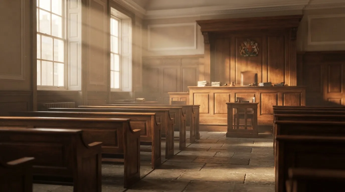 An empty courtroom with wooden benches in morning light