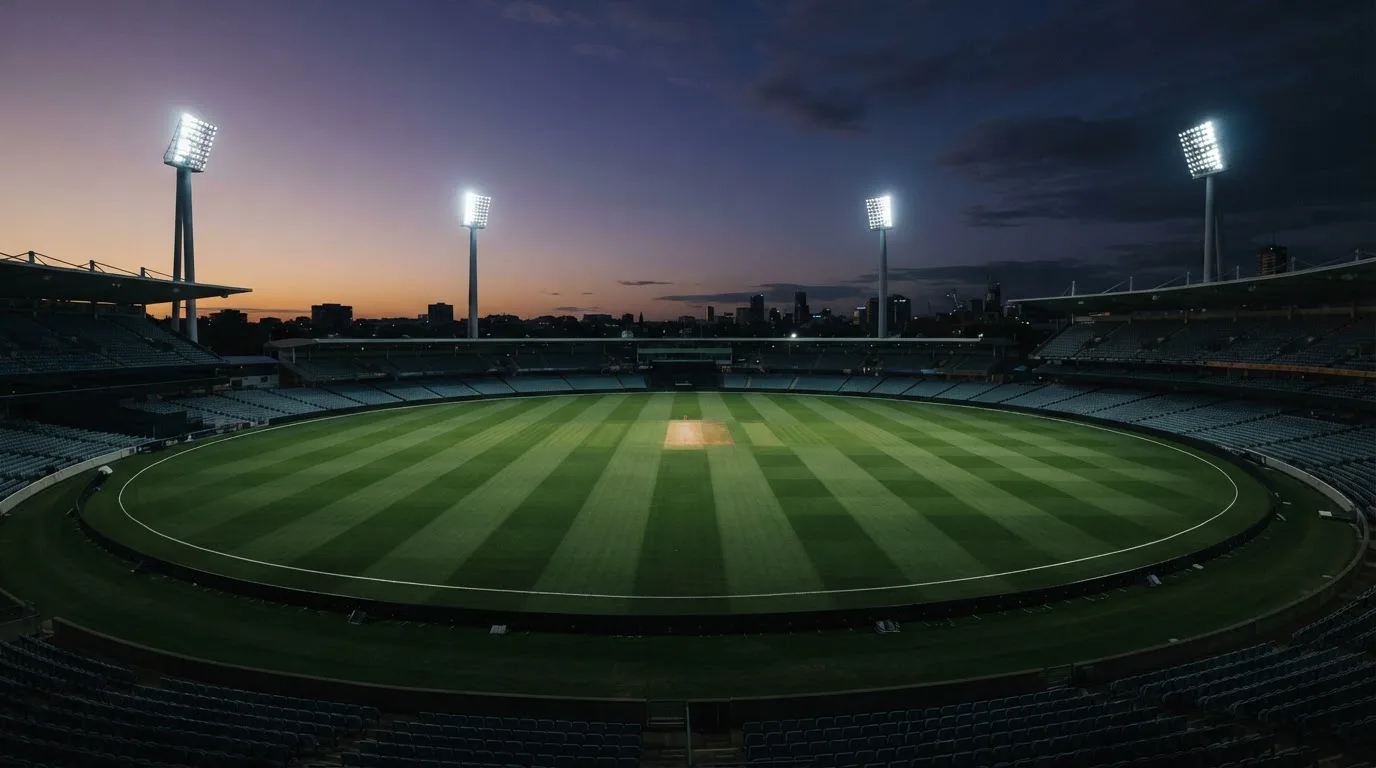 An empty football stadium with floodlight masts at dusk