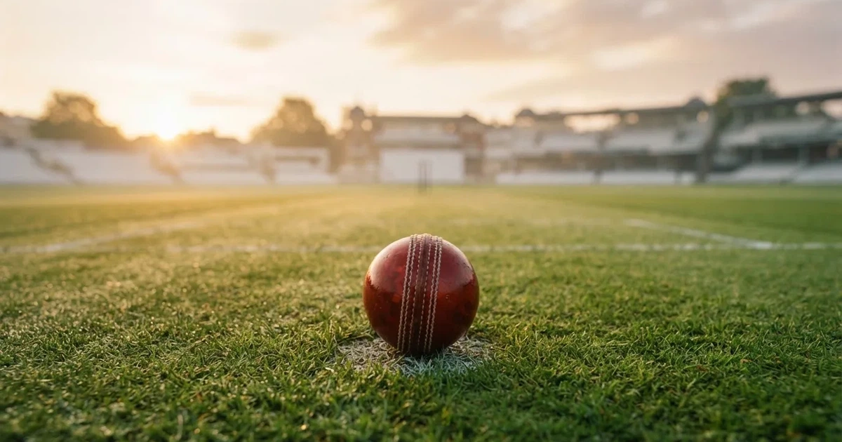 A ball on the centre spot of a grass pitch in morning light
