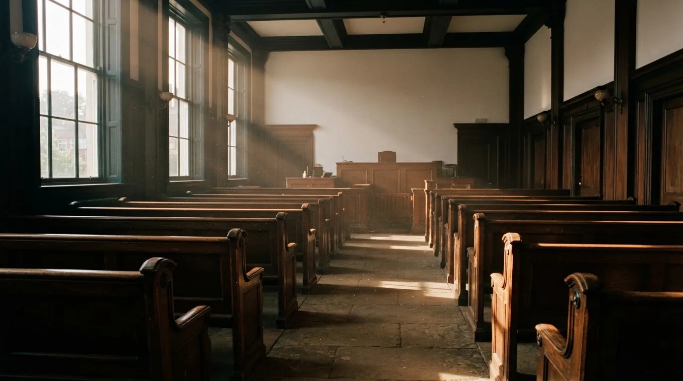An empty courtroom with wooden benches in morning light