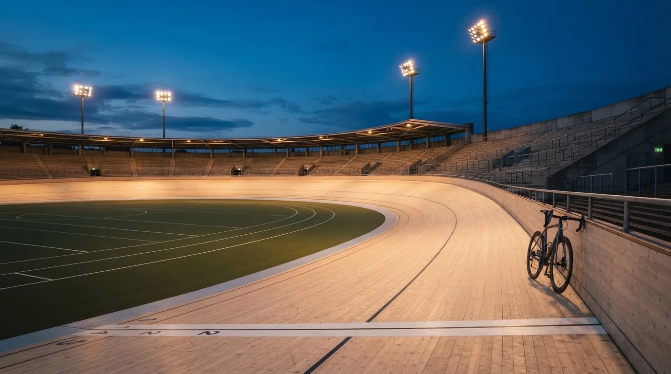 An empty football stadium with floodlight masts at dusk