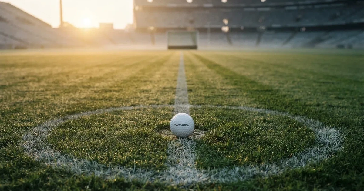 A ball on the centre spot of a grass pitch in morning light