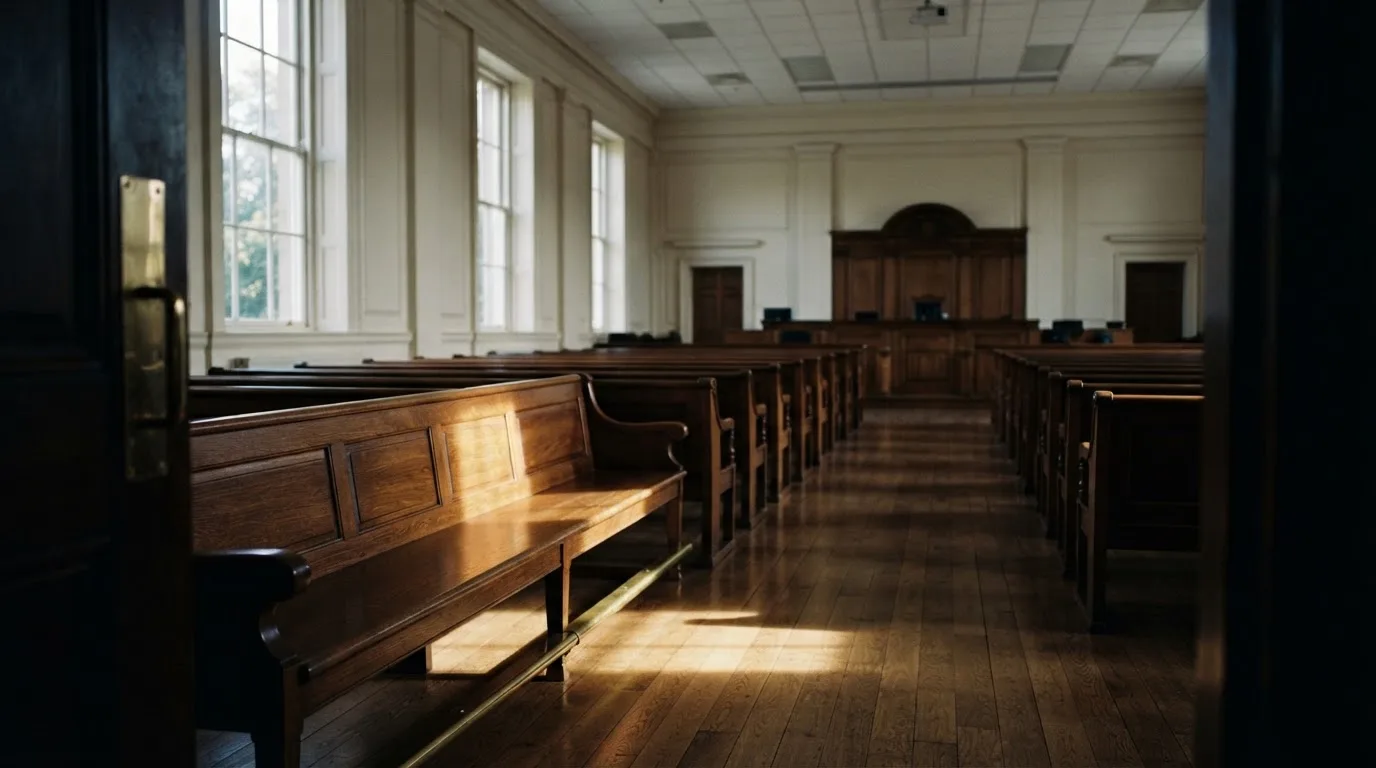 An empty courtroom with wooden benches in morning light