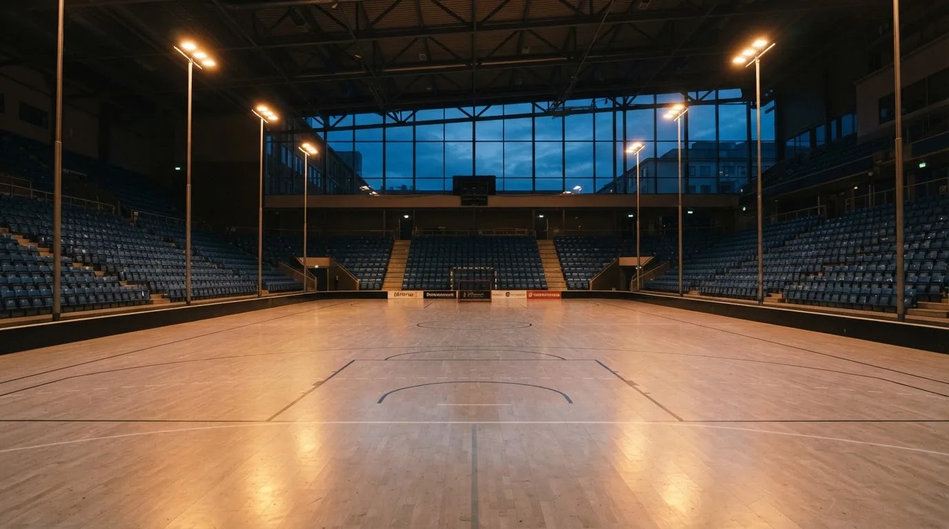 An empty football stadium with floodlight masts at dusk